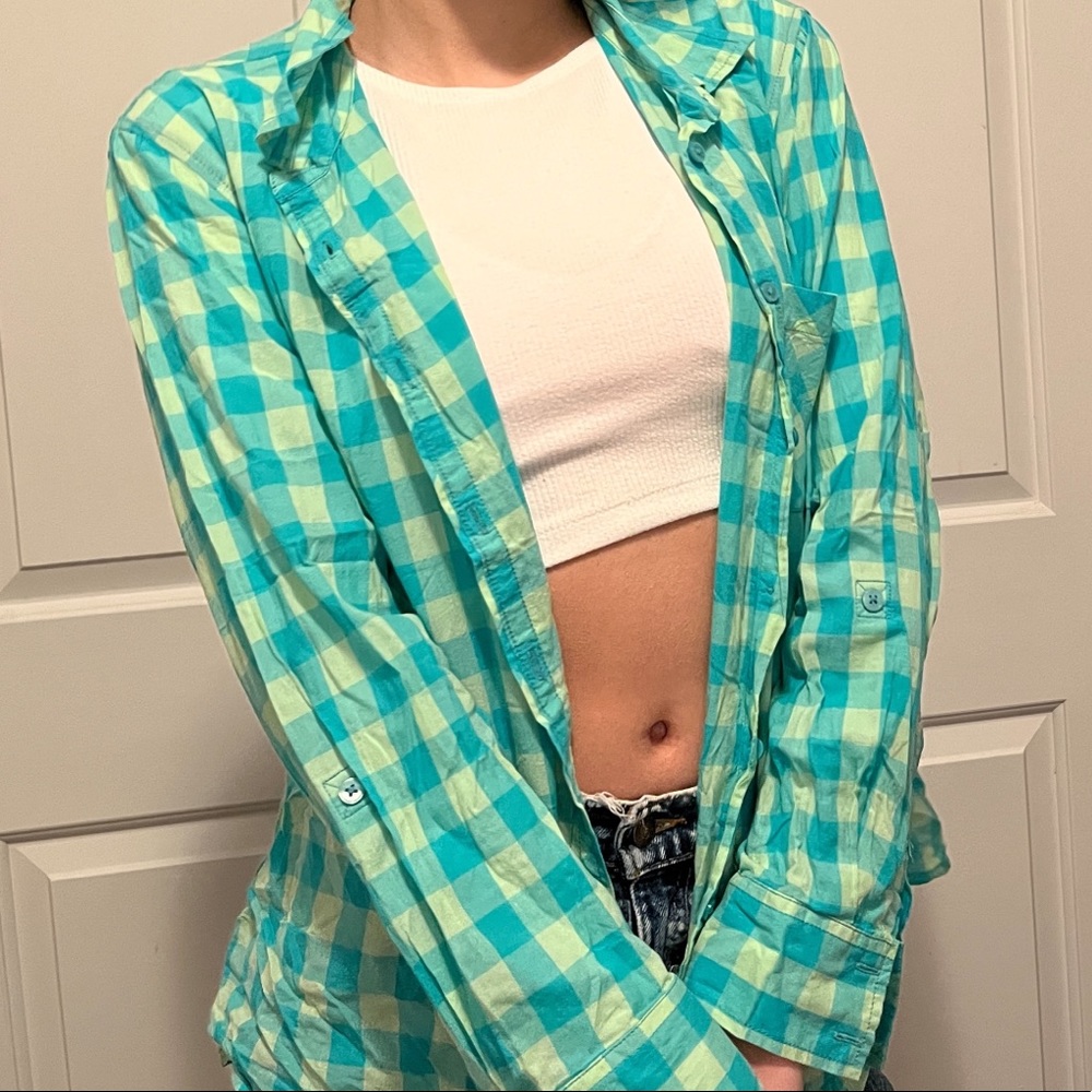 faded glory blue/green button down shirt